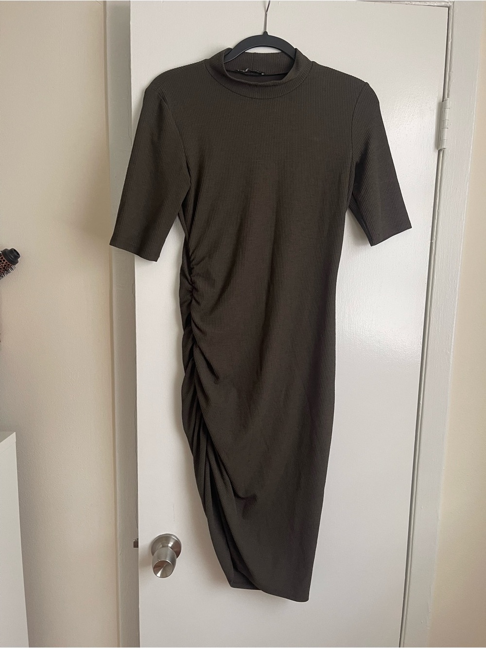 Zara Olive Green Ruched Midi Dress